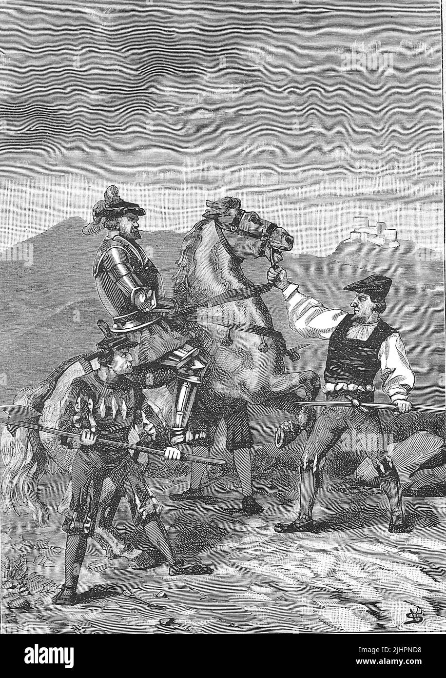 Deutscher Bauernkrieg, 1524-1526, Götz von Berlichingen und der Schneider von Pfedelbach / Deutscher Bauernkrieg, 1524-1526, Götz von Berlichingen und der Schneider von Pfedelbach, Historisch, digital restaurierte Reproduktion einer Originalvorlage aus dem 19. Jahrhundert, das Originaldatum nicht bekannt, Stockfoto