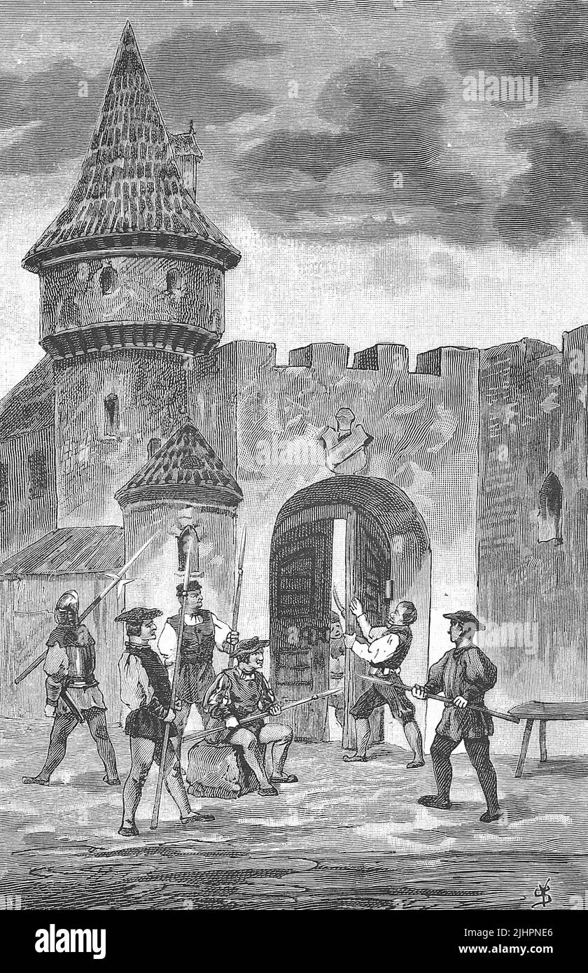 Deutscher Bauernkrieg, 1524-1526, der Rat von Mühlhausen lässt die Tore versperren / Deutscher Bauernkrieg, 1524-1526, der Rat von Mühlhausen hat die Tore versperrt, Historisch, digital restaurierte Produktion einer Originalvorlage aus dem 19. Jahrhundert, das Originaldatum nicht bekannt, Stockfoto