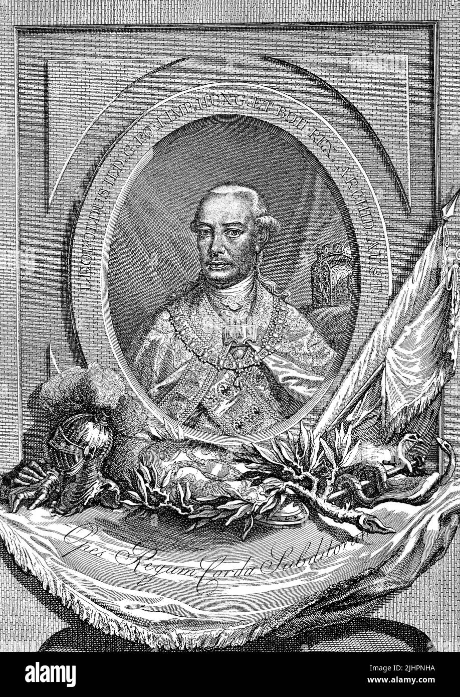 Leopold II. (Geboren 5. Mai 1747, gestorben 1. März 1792) war Erzherzog von Österreich aus dem Haus Habsburg-Lothringen, von 1765 bis 1790 Grossherzog der Toskana sowie von 1790 bis 1792 Kaiser des Heiligen Römischen Reiches und König von Böhmen, Kroatien und Ungarn / Leopold II. (Geboren am 5. Mai 1747, gestorben am 1. März 1792) War Erzherzog von Österreich aus dem Hause Habsburg-Lothringen, Großherzog der Toskana von 1765 bis 1790 und Kaiser des Heiligen Römischen Reiches und König von Böhmen, Kroatien und Ungarn von 1790 bis 1792, Historisch, digital restaurierte Produktion einer Originalvorlage aus dem 19. Jahrhundert, g Stockfoto