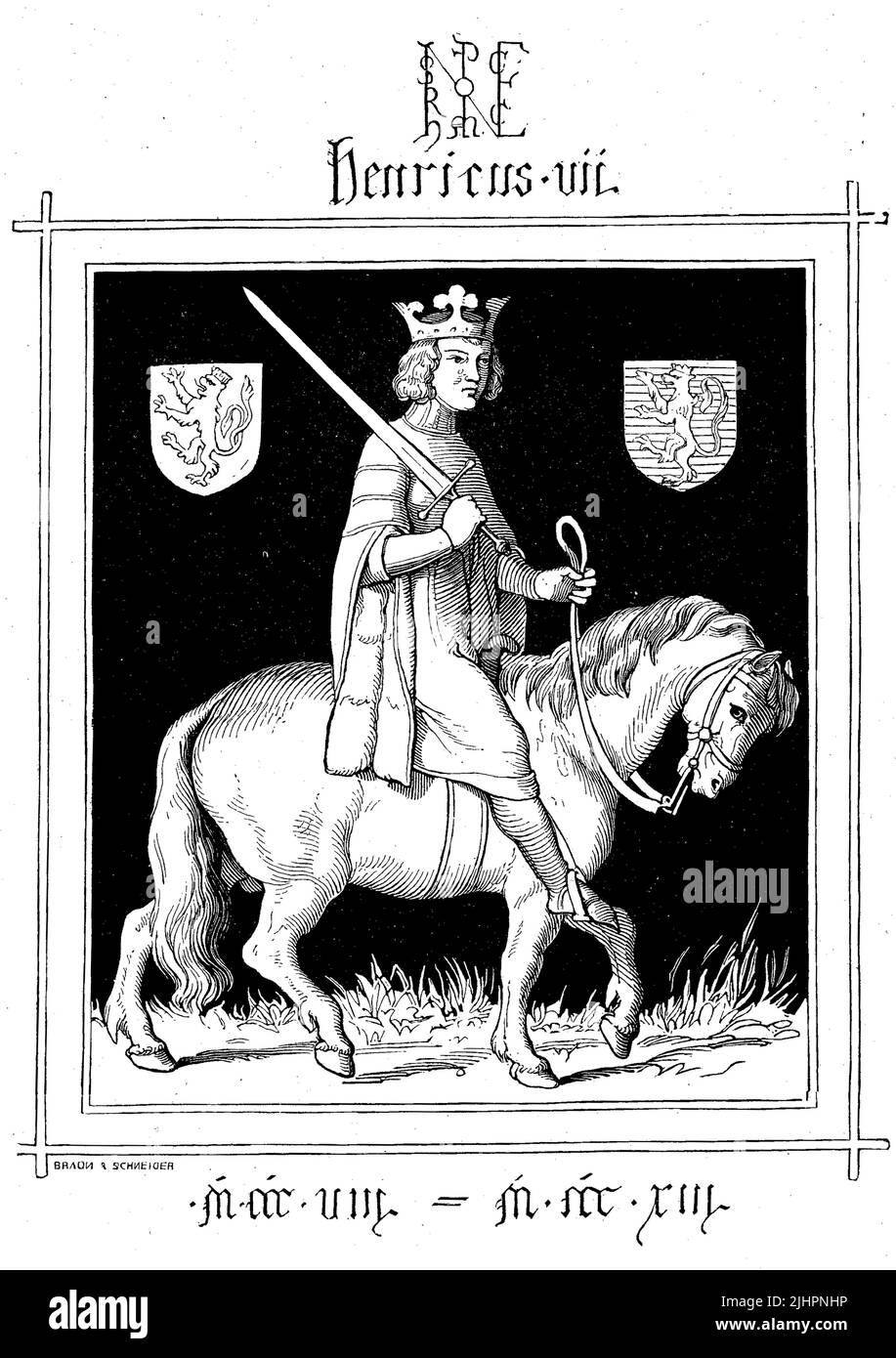 Heinrich VII (Geboren 1278/79, gestorben 24. August 1313) entstammte dem Haus Limburg-Luxemburg und war Graf von Luxemburg und Laroche sowie Markgraf von Arlon. Er war von 1308 bis 1313 römisch-deutscher König und seit dem 29. Juni 1312 römisch-deutscher Kaiser / Heinrich VII. (Geboren 1278/79, gestorben 24. August 1313) stammte aus dem Haus Limburg-Luxemburg und war Graf von Luxemburg und Laroche und Markgraf von Arlon. Er war von 1308 bis 1313 römisch-deutscher König und seit 29. Juni 1312 römisch-deutscher Kaiser, historisch, digital restaurierte Produktion einer Originalvorlage aus dem 19. Jah Stockfoto