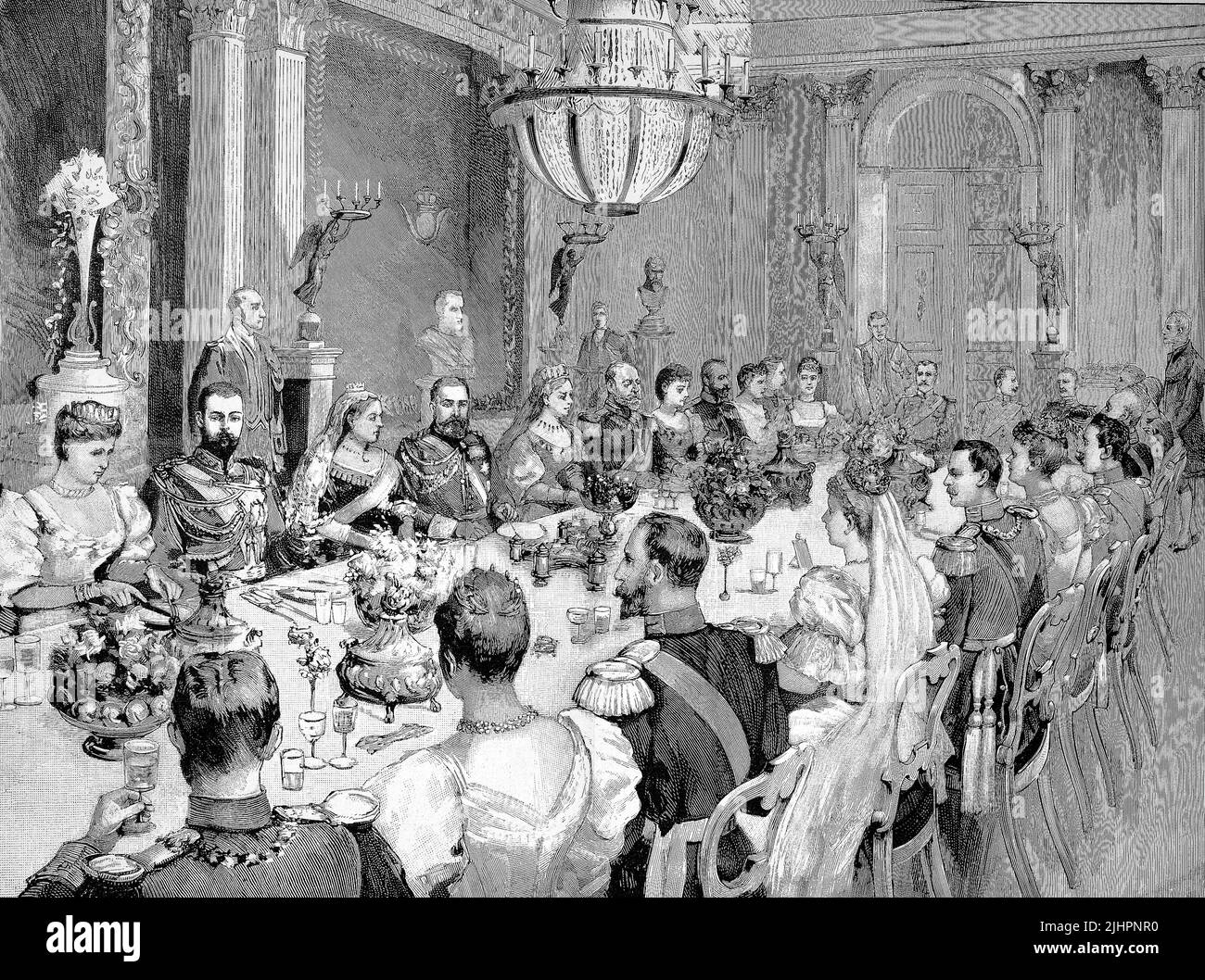 Hochzeit von Prinzessin Victoria Melita von Sachsen-Coburg und Gotha, 1876 - 1936, und Ernst Ludwig Karl Albrecht Wilhelm von Hessen und bei Rhein, 1868 - 1937. Das Hochzeitsmahl im Palais Ehrenburg / Hochzeit der Prinzessin Victoria Melita von Sachsen-Coburg und Gotha, 1876 -1936, und Ernst Ludwig Karl Albrecht Wilhelm von Hessen und bei Rhein, 1868 - 1937. Das Hochzeitsfest im palais Ehrenburg, Historisch, digital restaurierte Produktion einer Originalvorlage aus dem 19. Jahrhundert, das Originaldatum nicht bekannt, Stockfoto