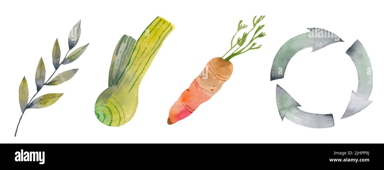 Ökologisches Konzept ohne Plastiktüten. Illustration mit Textil Öko Mehrweg-Einkaufstasche und grünen Kräutern, Blumen und Blättern Stockfoto