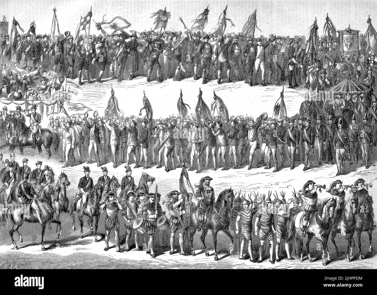 Schützenfest, ein traditionelles Fest oder eine Messe mit Scheibenschießen, hier das defilee der Teilnehmer in einem Festzug in Wien, Österreich / Schuetzenfest, Schützenfest, ein traditionelles Fest oder eine Messe mit einem Zielschießen, hier der defilee der Teilnehmer in einer Prozession in Wien, Österreich, Historisch, Digital restaurierte Reproduction einer Originalvorlage aus dem 19. Jahrhundert, das Originaldatum nicht bekannt, Stockfoto