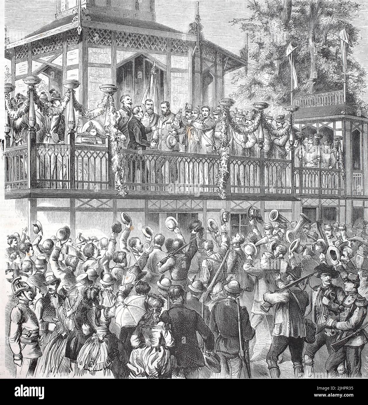 Schützenfest, ein traditionelles Fest oder eine Messe mit Scheibenschießen, hier die Verteilung von Preisen und Auszeichnungen in Wien, Österreich / Schuetzenfest, Schützenfest, ein traditionelles Festival oder eine Messe mit einem Zielschießen, hier die Verteilung von Auszeichnungen und Preisen in Wien, Österreich, Historisch, Digital restaurierte Reproduction einer Originalvorlage aus dem 19. Jahrhundert, das Originaldatum nicht bekannt, Stockfoto