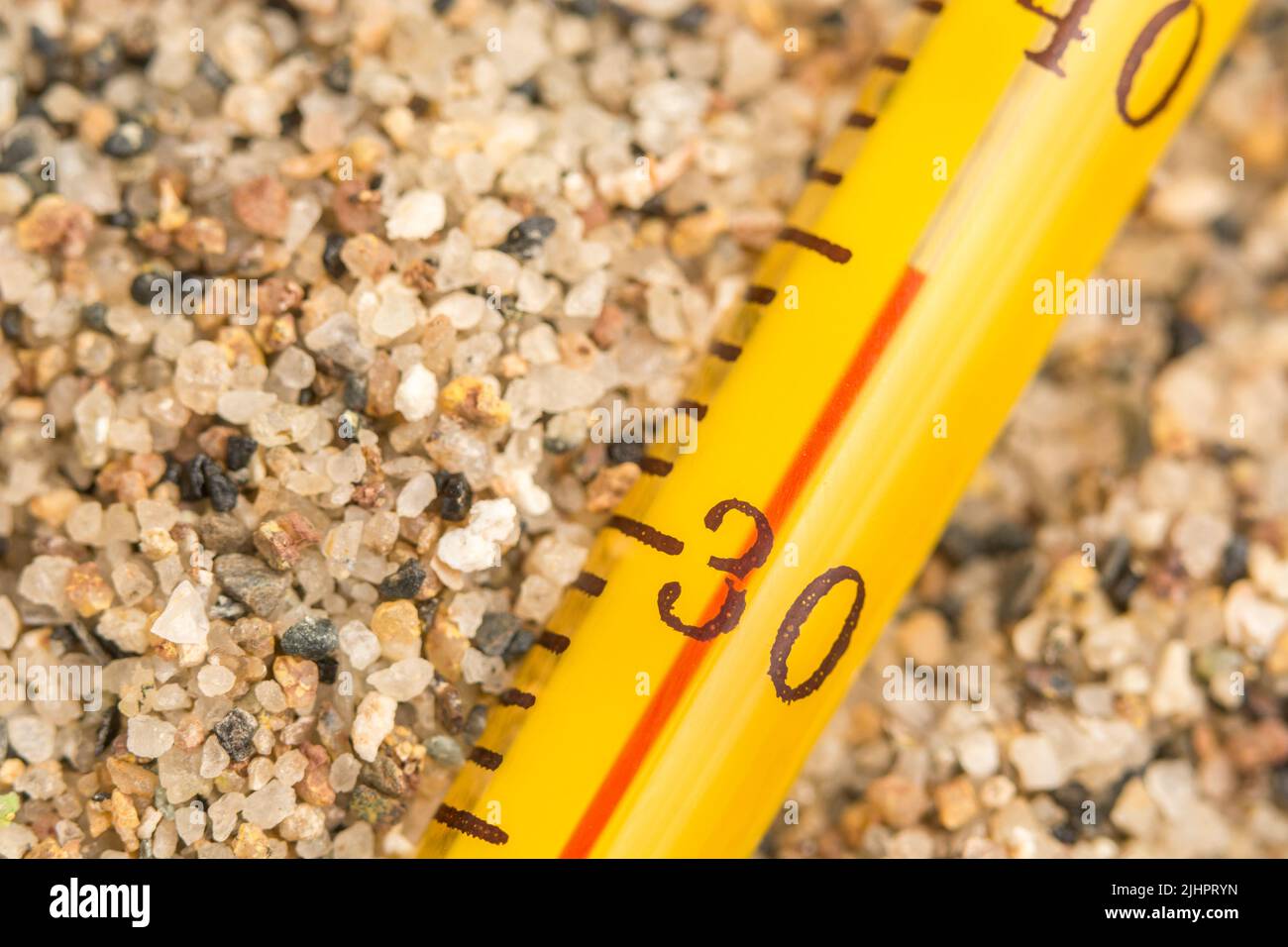 Nahaufnahme-Alkoholthermometer aus Glas auf grobem Sand, Anzeige 35 C. für 2023 Sommer Hitzewelle, UK Hitzewelle, heißes Wetter, hohe Temperaturen, schwere Hitze Stockfoto