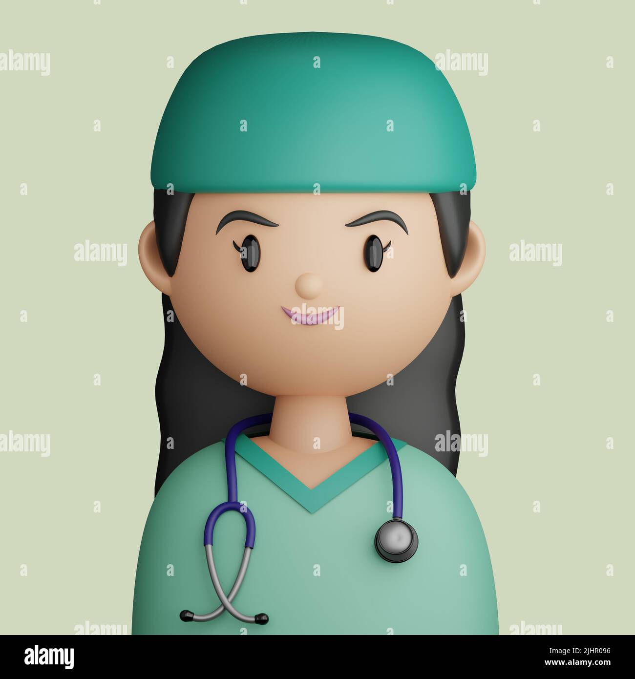 3D Illustration von Pretty Woman Doctor Cartoon close up Portrait of Smiling Brunette Woman Doctor on a Green background. 3D Avatar für ui ux. Stockfoto