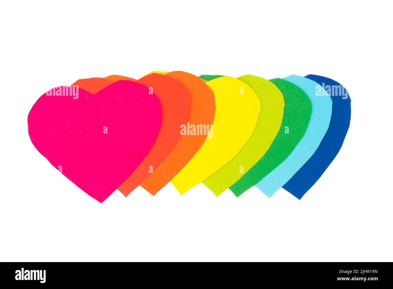 Herzpapier. Stapel. Überlappung. regenbogen. Isoliert auf weißem Hintergrund Stockfoto
