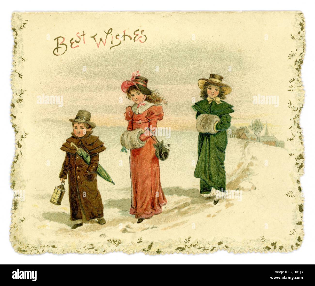 Original Edwardian Ära Weihnachtsgrüße Karte, viktorianische Weihnachtskarte. Begrüßung ist „Beste Wünsche“. Die Kinder sind im Stil der Regency-Zeit (Regency war 1811-1820) gekleidet, die im Schnee laufen, ähnliche Online-Postkarten, die in den USA verschickt wurden. Vom 1904 Stockfoto