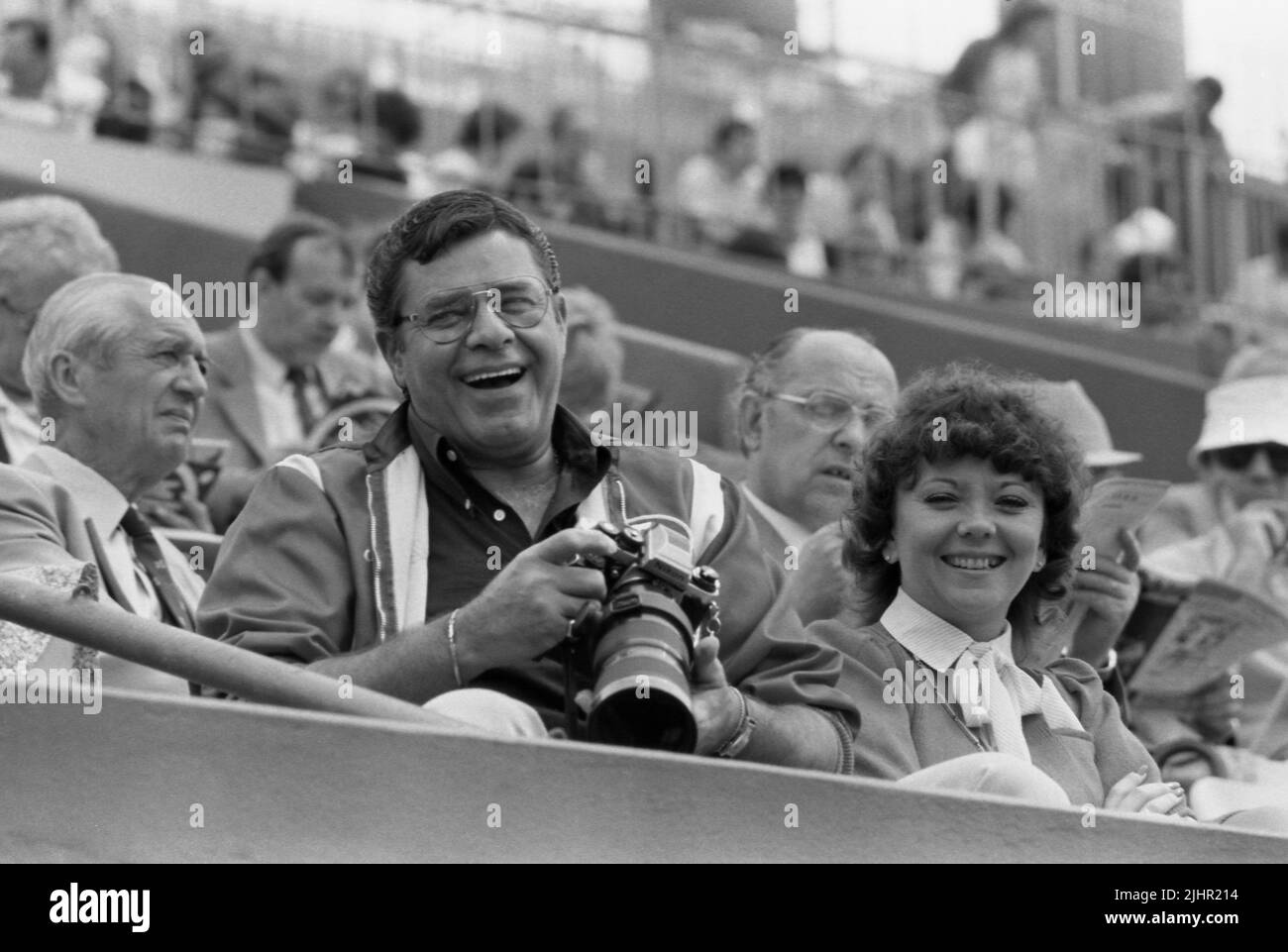 Der amerikanische Schauspieler und Humorist Jerry Lewis an den Ständen der French Open 1983. Paris, Den 1983. Juni Stockfoto