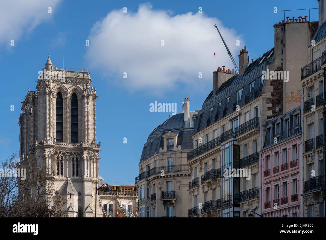 Frankreich, Region Ile de France, Paris 5. Arrondissement, rue de l'Hotel Colbert, Blick auf die Türme von Notre Dame ein Jahr nach dem Brand am Abend des 15. April 2019 Stockfoto