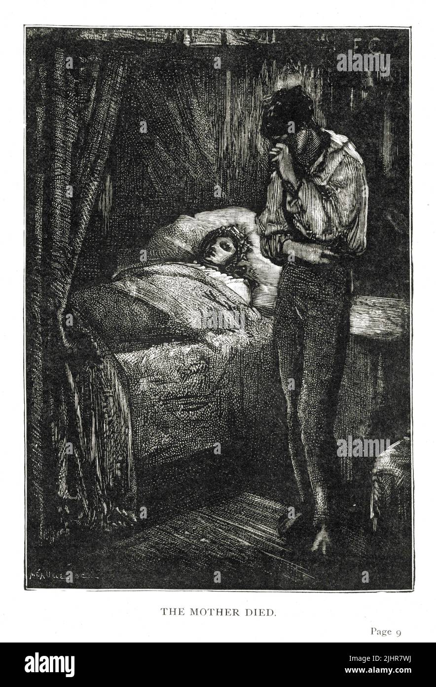 Gilliatt weinend für seine Mutter: 'Unterdessen wuchs die Jugend zur Männlichkeit; und dann, als die alte und verdorrte Barke vom Baum fällt, starb die Mutter.' Erster Teil, Buch I, Kapitel III. Illustration aus einem Satz von 56 Stichen, die in der englischen Ausgabe von 'Les Travailleurs de la Mer' ('Toiletten des Meeres') von Victor Hugo veröffentlicht wurden, veröffentlicht 1869 von Sampson Low, Son und Marston. Illustrator: François-Nicolas Chifflart. Graveur: Fortuné Méaulle. Stockfoto