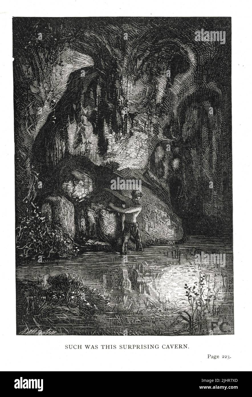 Die Höhle entdecken: 'Ein Ort des Schattens, der dennoch für die Augen blendend war - so war diese überraschende Höhle.' Zweiter Teil, Buch I, Kapitel XIII. Illustration aus einem Satz von 56 Stichen, die in der englischen Ausgabe von 'Les Travailleurs de la Mer' ('Toiletten des Meeres') von Victor Hugo veröffentlicht wurden, veröffentlicht 1869 von Sampson Low, Son und Marston. Illustrator: François-Nicolas Chifflart. Graveur: Martin. Stockfoto