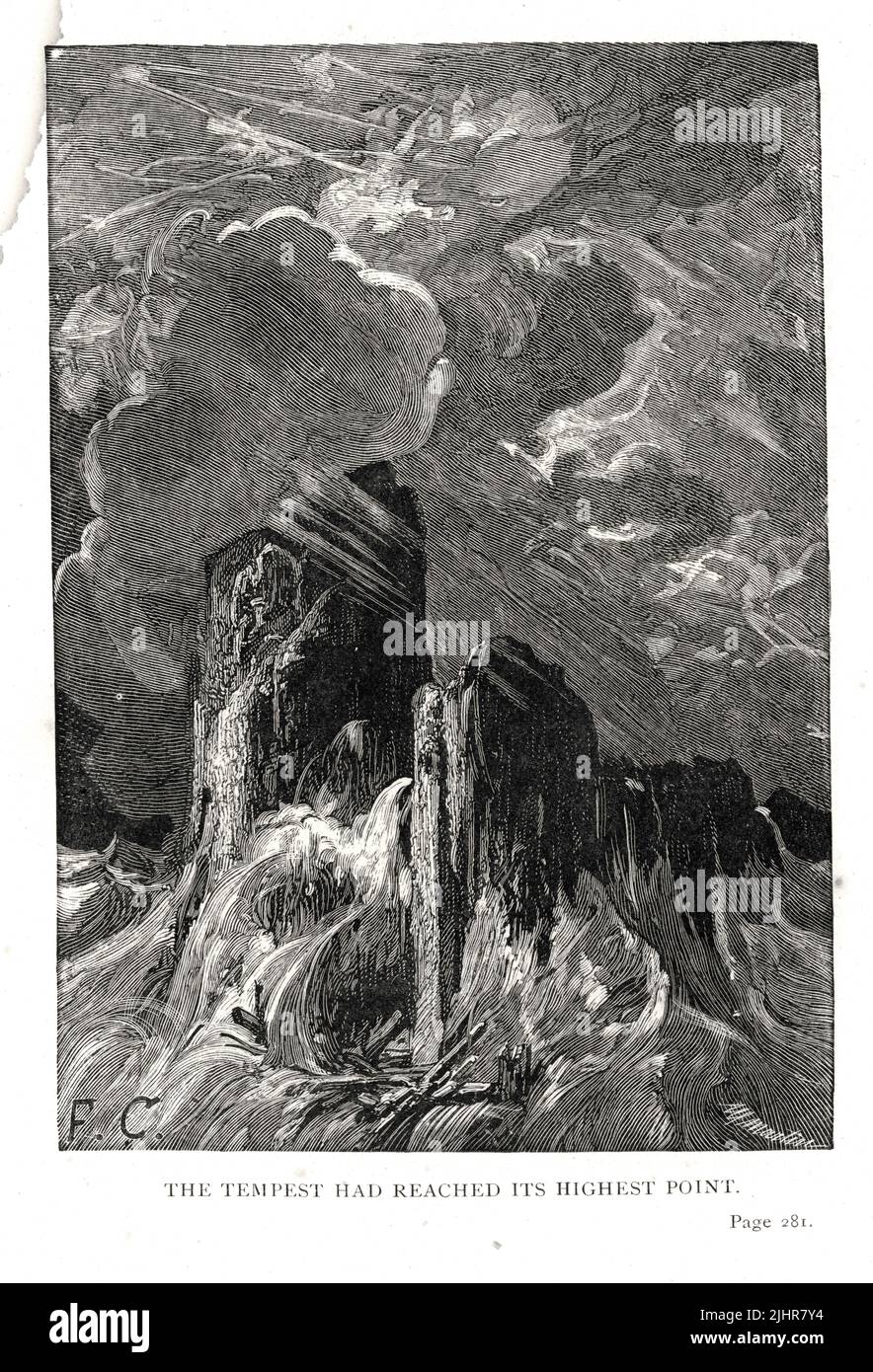 Die Entfesselung des Sturms: 'Der Sturm hat seinen höchsten Punkt erreicht. Der Krampf des Meeres erreichte den Himmel.' Zweiter Teil, Buch III, Kapitel VI. Illustration aus einem Satz von 56 Stichen, die in der englischen Ausgabe von 'Les Travailleurs de la Mer' ('Toiletten des Meeres') von Victor Hugo veröffentlicht wurden, veröffentlicht 1869 von Sampson Low, Son und Marston. Illustrator: François-Nicolas Chifflart. Graveur: Martin. Stockfoto