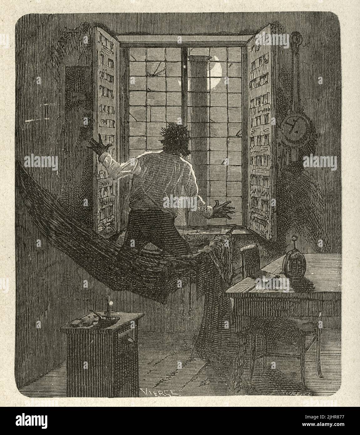 Rückkehr des Durande: 'Eine Form war vor dem Fenster; eine wunderbare Form. Es war der Trichter eines Dampfschiffes.' Dritter Teil, Buch I, Kapitel I. Illustrator: Daniel Vierge. Illustration aus einer Serie von fast 150 Holzschnitten, die im XI. Band von Victor Hugos 'oeuvres complètes' veröffentlicht wurden, darunter 'Les Travailleurs de la Mer' ('Toiletten des Meeres') - geschrieben 1866. Buch, das 1906 von der Société d'éditions Littéraires et artistiques, Librairie Paul Ollendorff, veröffentlicht wurde. Stockfoto