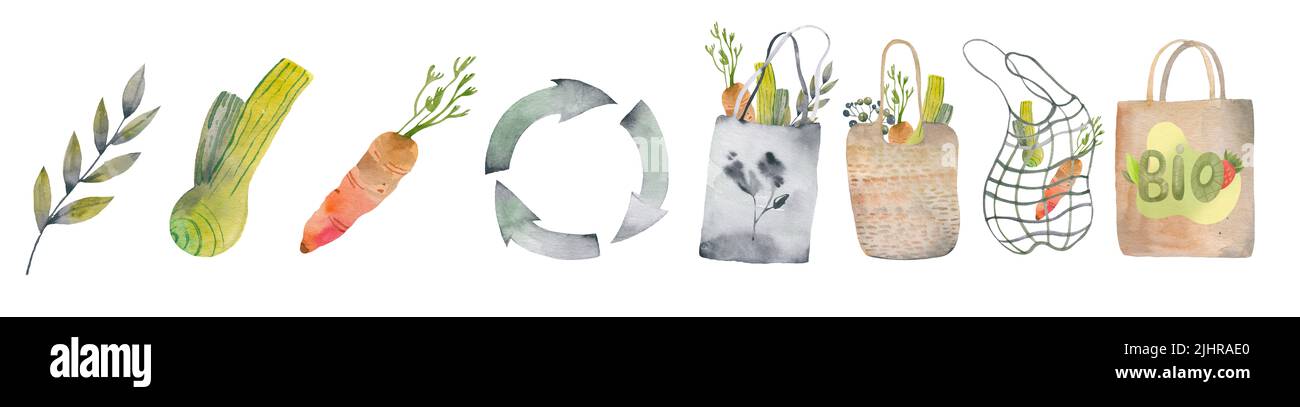 Ökologisches Konzept ohne Plastiktüten. Illustration mit Textil Öko Mehrweg-Einkaufstasche und grünen Kräutern, Blumen und Blättern Stockfoto