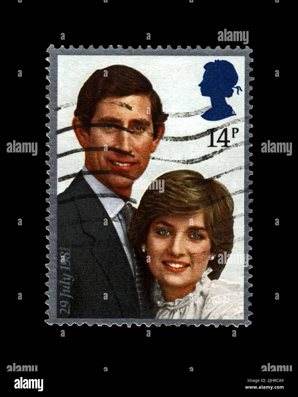 Hochzeit von Lady Diana Spencer und Prinz Charles. Abgestempelter Stempel von GROSSBRITANNIEN isoliert auf Schwarz Stockfoto