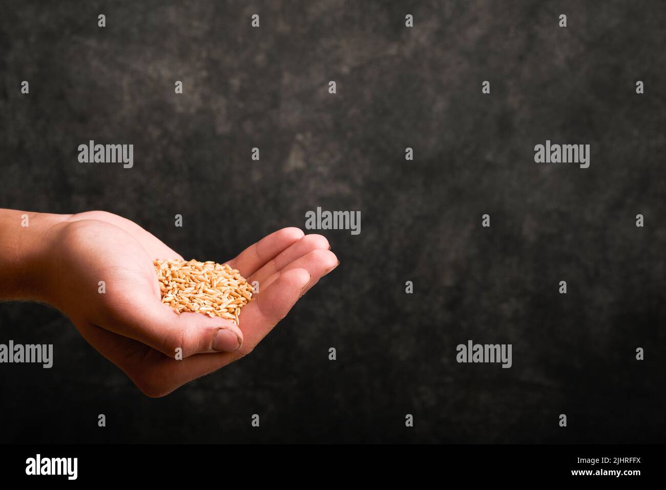 Leere Hand eines armen hungrigen Mannes, ausgestreckt um Almosen. Probleme mit der Versorgung mit Weizen und Mehl, globale Nahrungsmittelversorgung und Hunger Weltkrisenkonzept Stockfoto