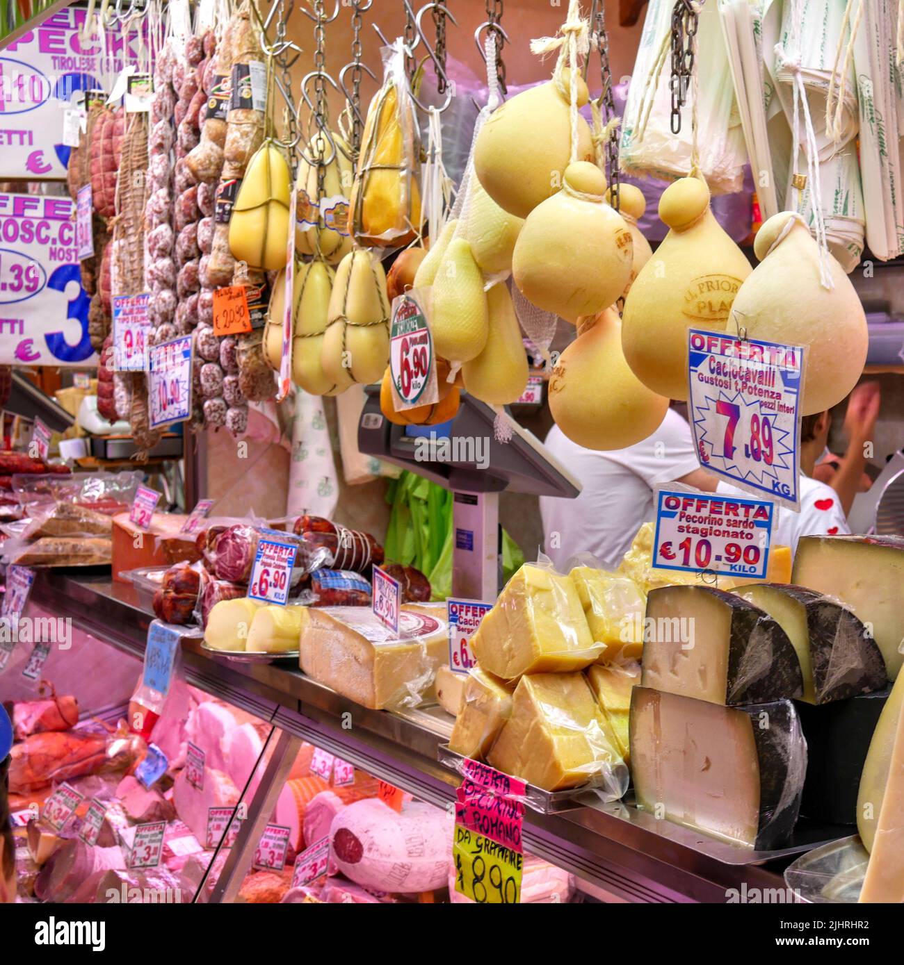 Nahaufnahme einer Vitrine mit verschiedenen Käsesorten auf einem Markt in Turin Stockfoto