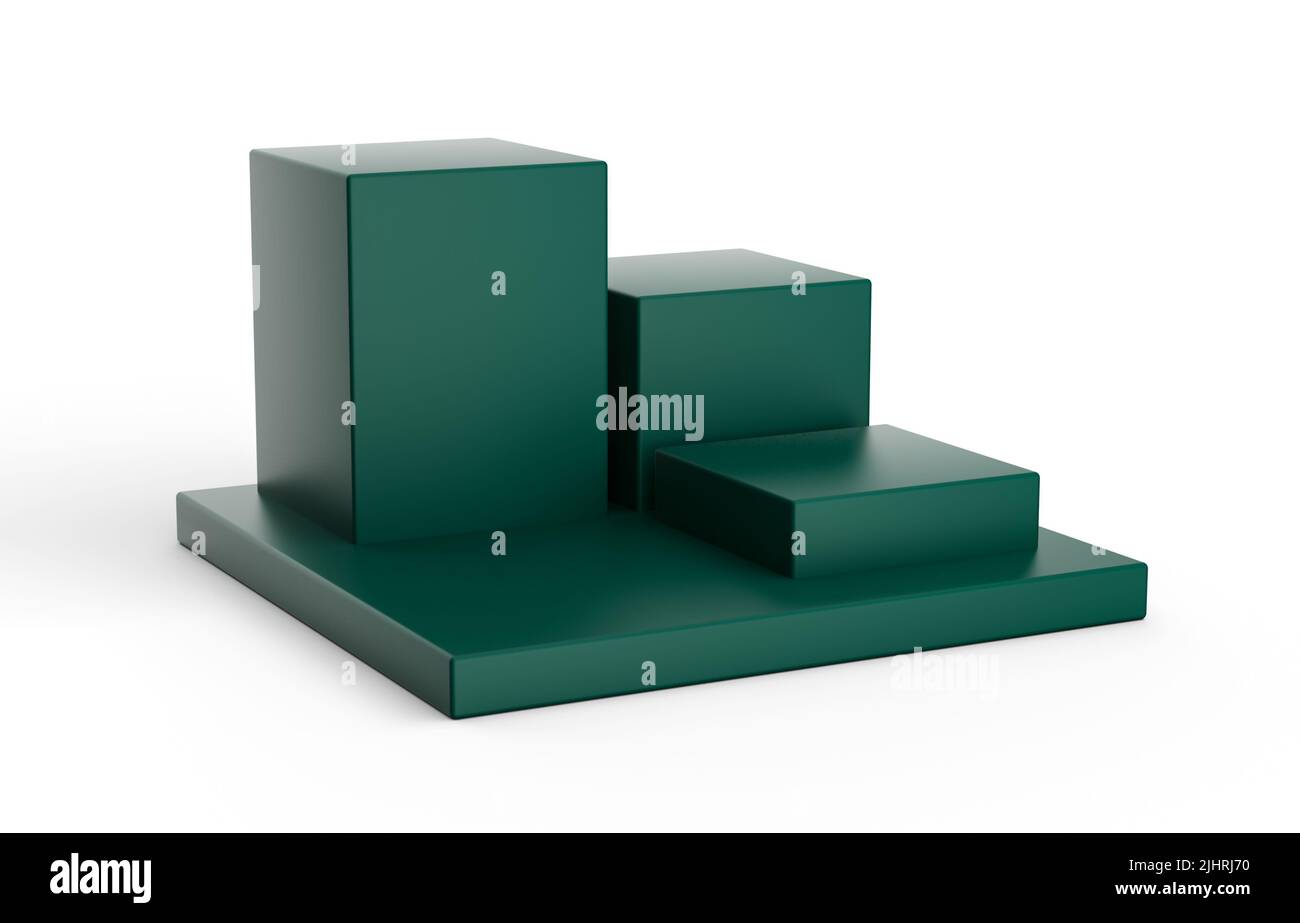 Eine 3D Rendering von Three Steps Cube Podium. Grüne Plattform Oder Hintergrund Mit Leerem Anzeigebereich. Webseiten-Vorlage Für Produkte. Stockfoto
