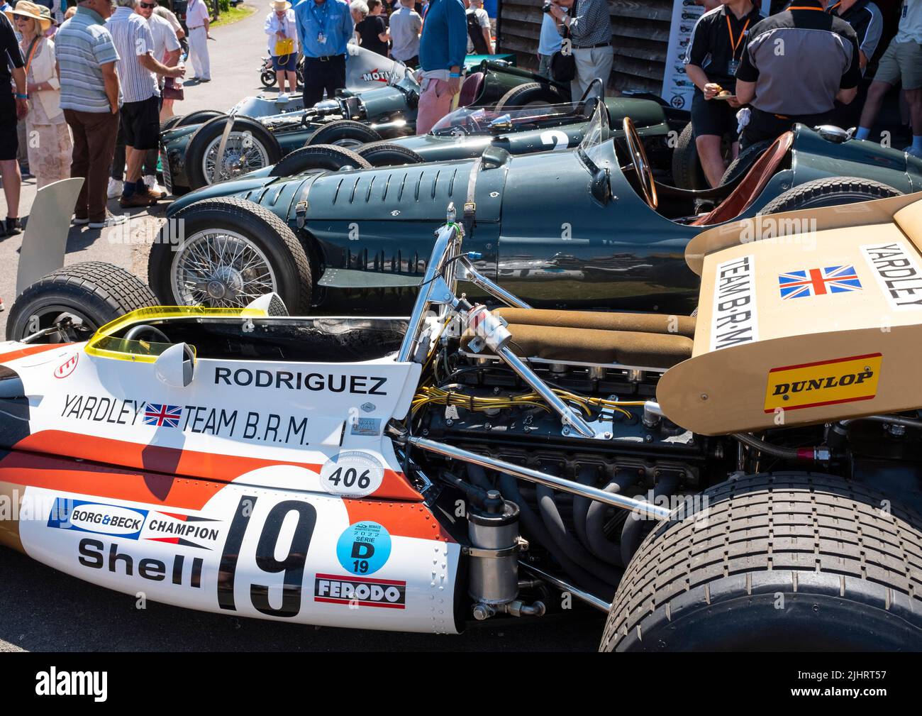 Ausstellung der Formel 1-Rennwagen Yardley BRM und V16 BRM, Shelsley Walsh Classic Nostalgia, 16.. Juli 2022. Stockfoto