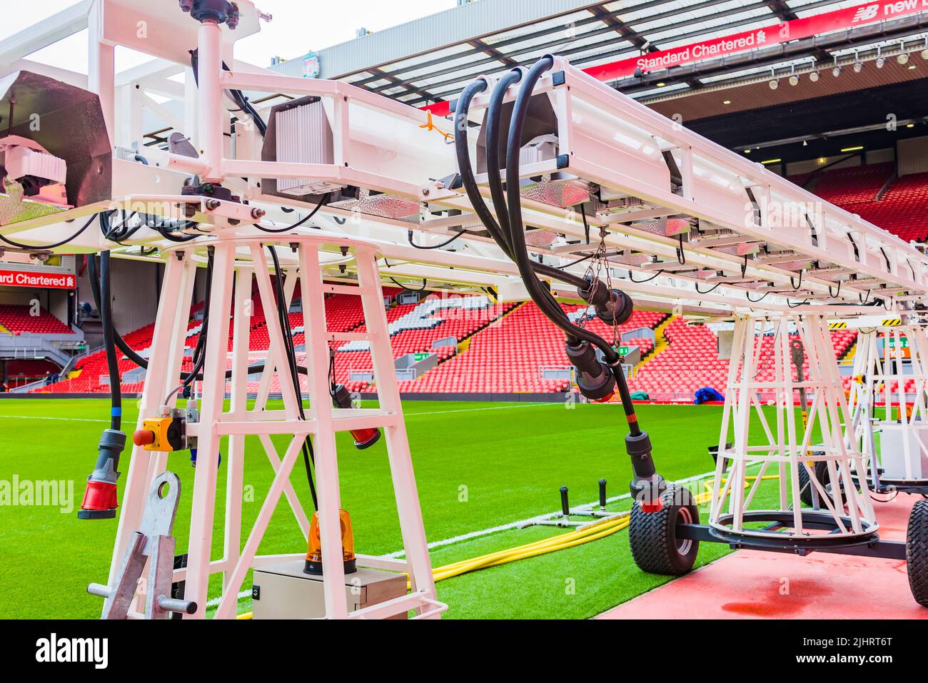 Teilansicht von Anfield. Anfield ist ein Fußballstadion in Anfield, Liverpool, Merseyside, England, das eine Sitzplatzkapazität von 53.394 hat, was es t Stockfoto