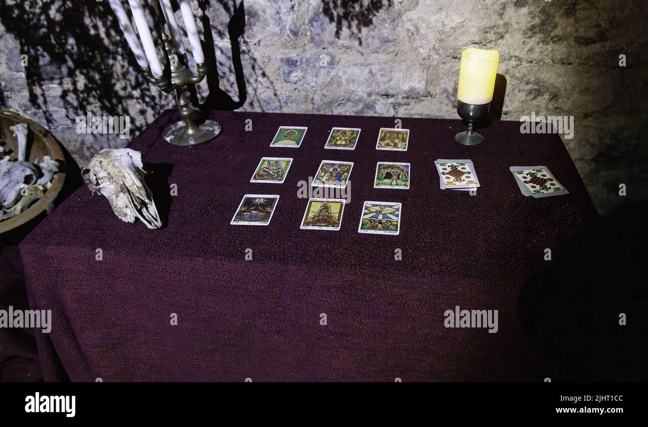 Tarot-Kartenlesedetails, Magie und Zukunft Stockfoto