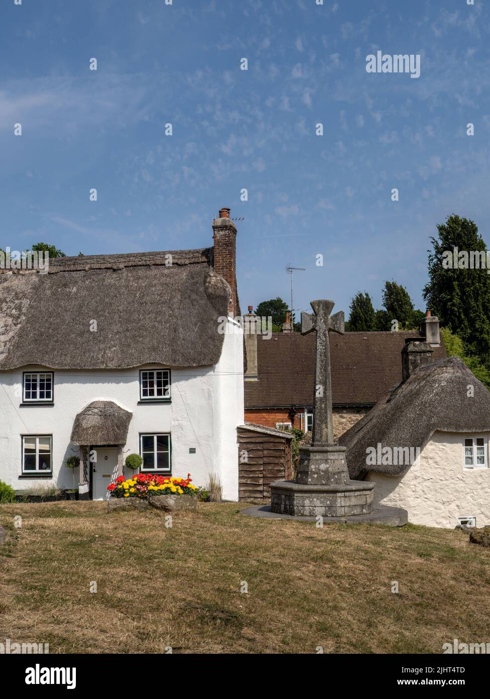 Strohgedeckten Hütten am Lustleigh Dorf im Tal Wrey auf Dartmoor National Park in Devon Stockfoto