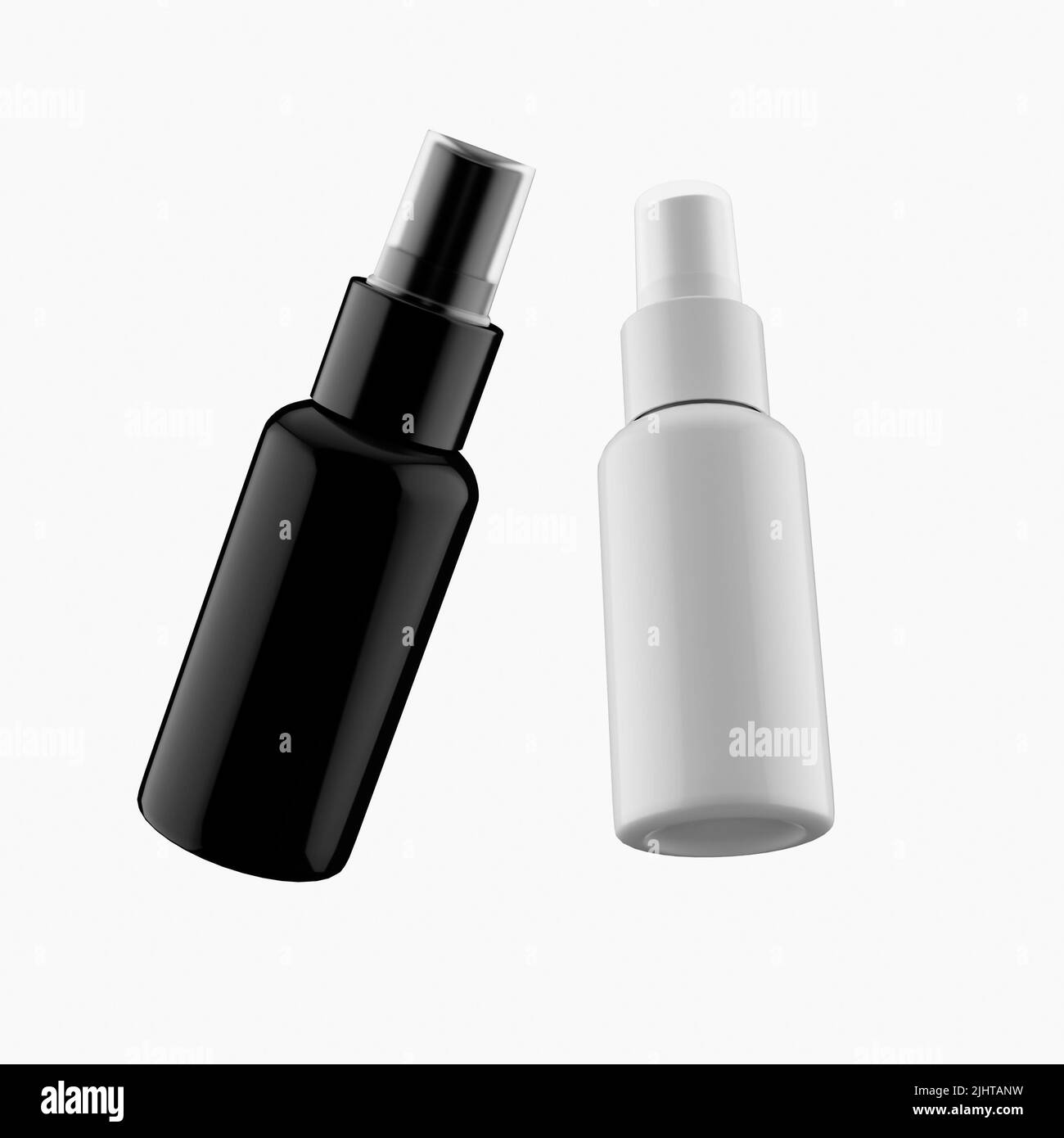 Eine schwarz-weiße, schwebende Deodorant-Flasche ist auf weißem Hintergrund nachgestellt Stockfoto