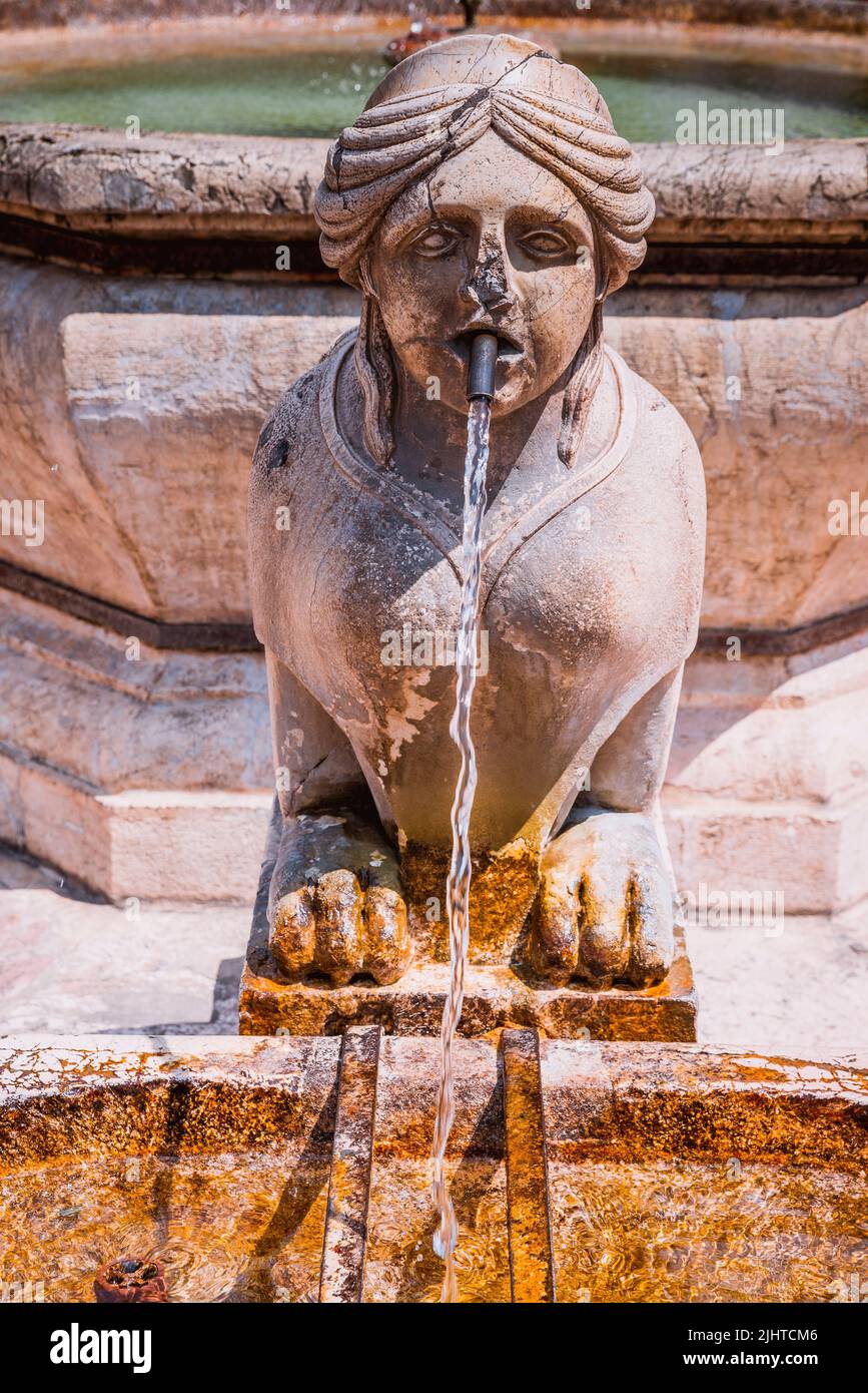 Brunnen Detail: Die Sphinx. Der Contarini-Brunnen aus Marmor aus Zandobbio befindet sich auf der Piazza Vecchia - Old Square. Città Alta - Oberstadt Stockfoto