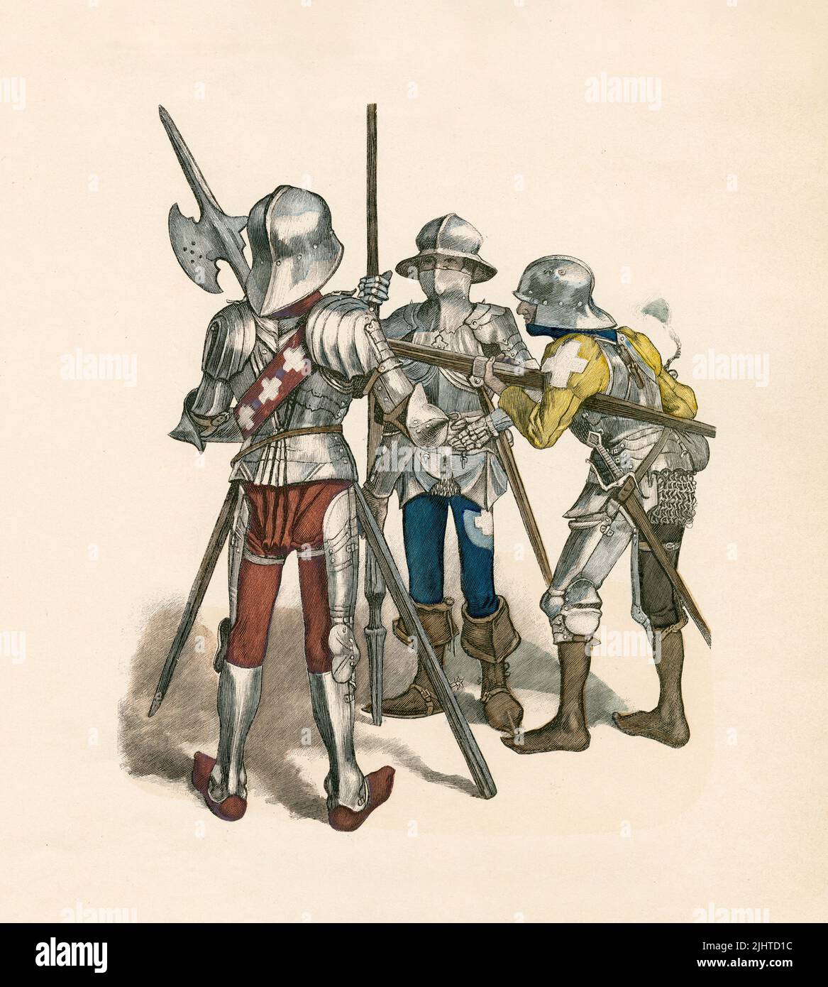 Sergeant, berittene Soldaten, Rifleman, Schweizer Militärkostüm, 15.. Jahrhundert, Illustration, The History of Costume, Braun & Schneider, München, Deutschland, 1861-1880 Stockfoto