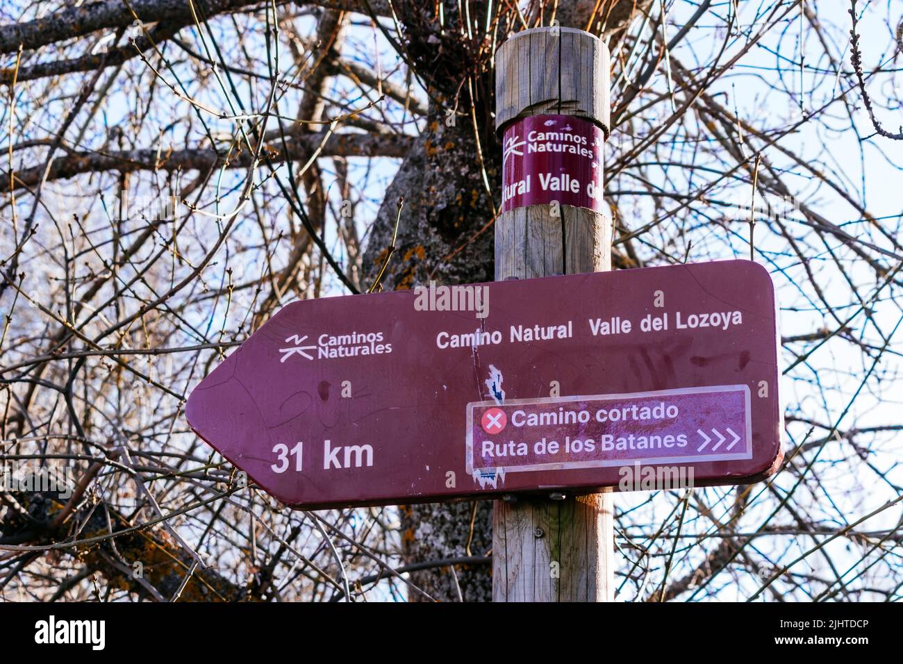 Lozoya Valley Nature Trail. Wegweiser. Lozoya Valley, Rascafría, Comunidad de Madrid, Spanien, Europa Stockfoto