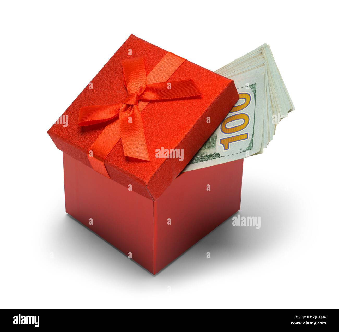 Gfit Box mit Geld auf Weiß geschnitten. Stockfoto