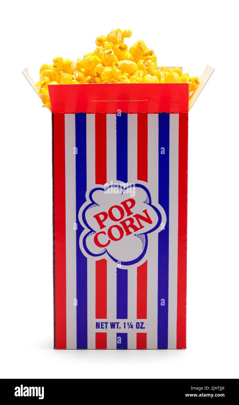 Retro-Schachtel Popcorn auf Weiß geschnitten. Stockfoto