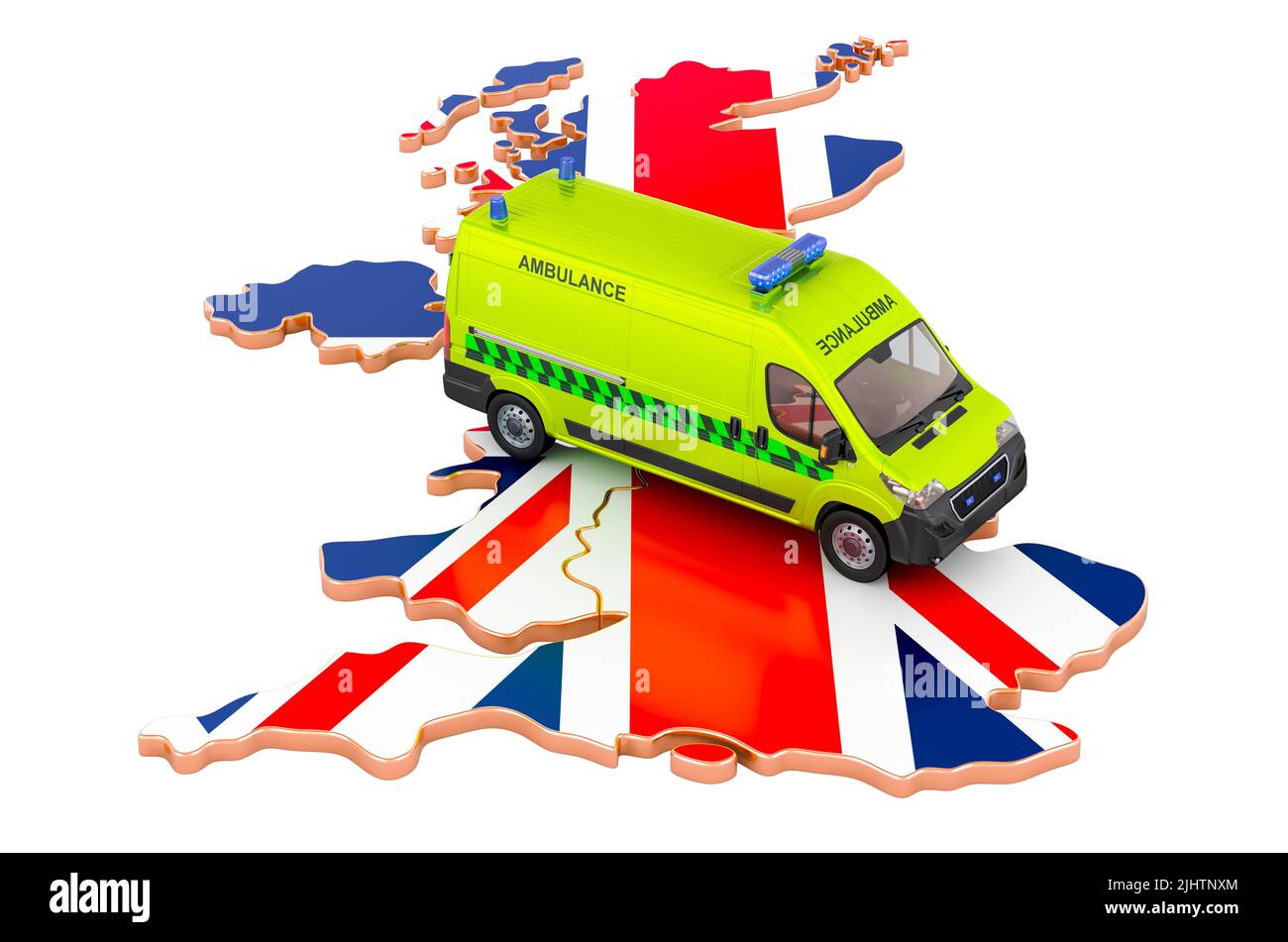 Medizinische Notdienste in Großbritannien. Ambulanzwagen auf der britischen Landkarte. 3D Darstellung isoliert auf weißem Hintergrund Stockfoto