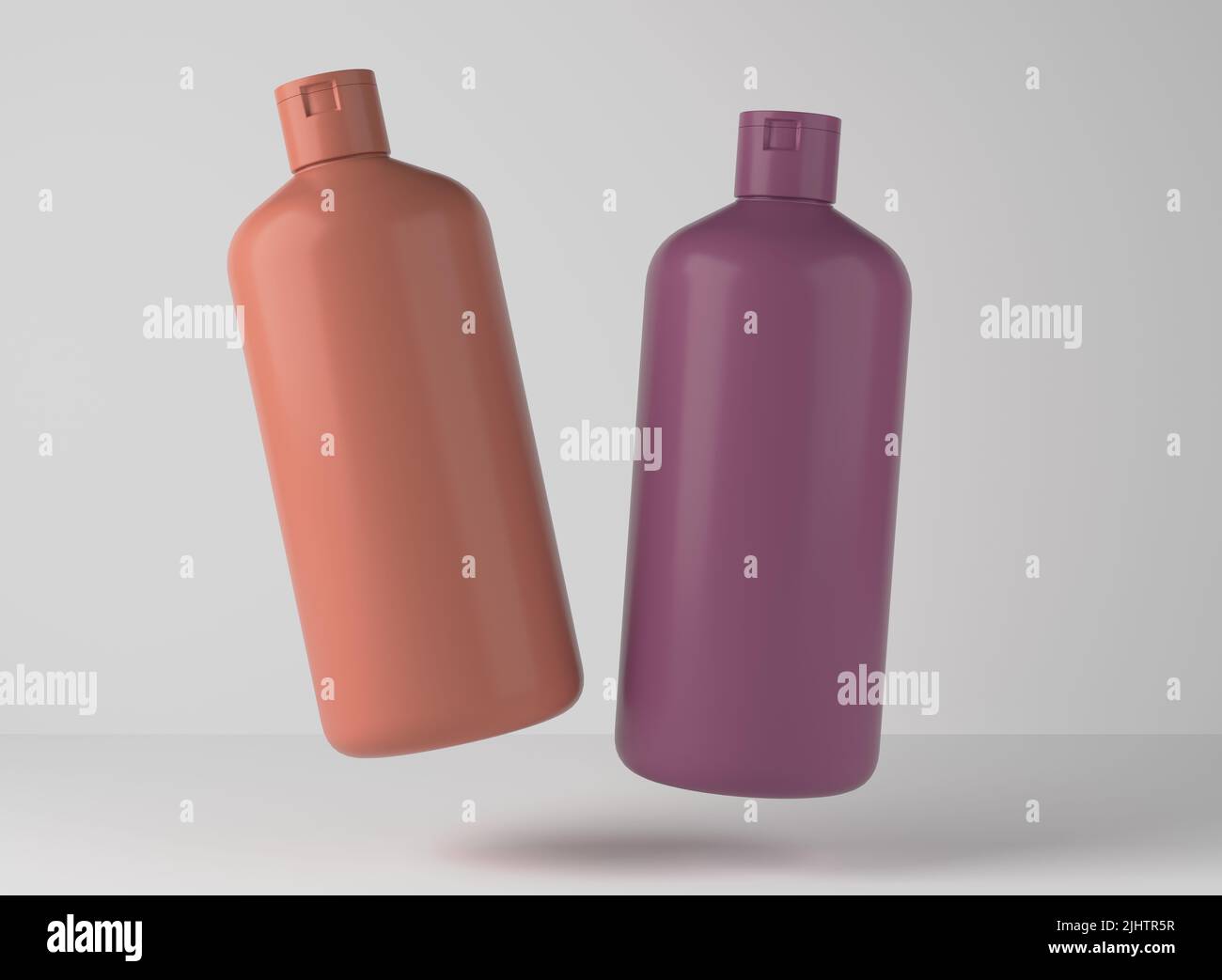 Zwei Kunststoff-Shampoo-Flaschen schweben auf Studio-Hintergrund, 3D Rendering von kosmetischen Verpackungsdesign bereit Mockup Stockfoto
