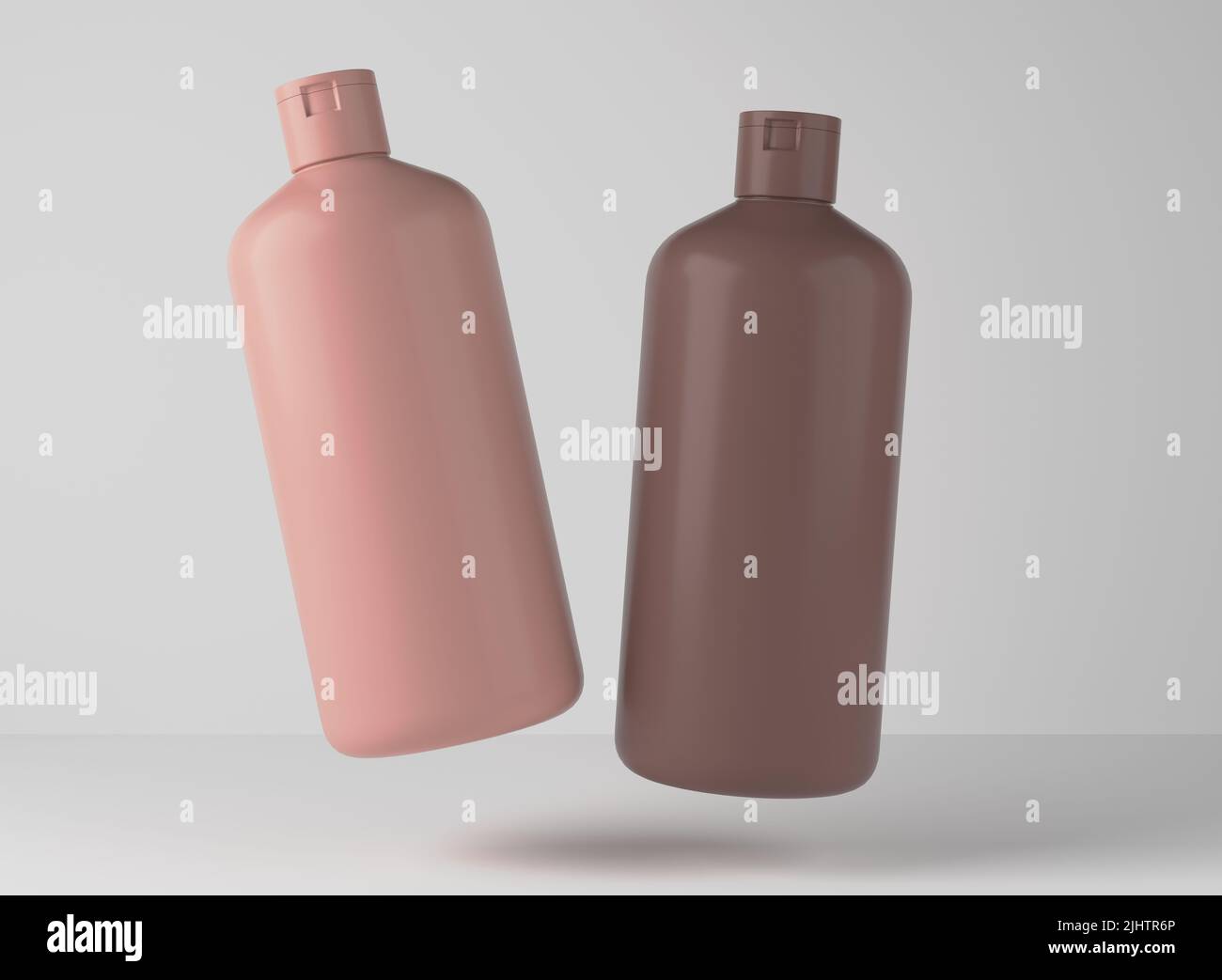 Zwei braune und beige Kunststoff-Shampoo-Flaschen schweben auf Studio-Hintergrund, 3D Rendering von kosmetischen Verpackungsdesign bereit mockup Stockfoto