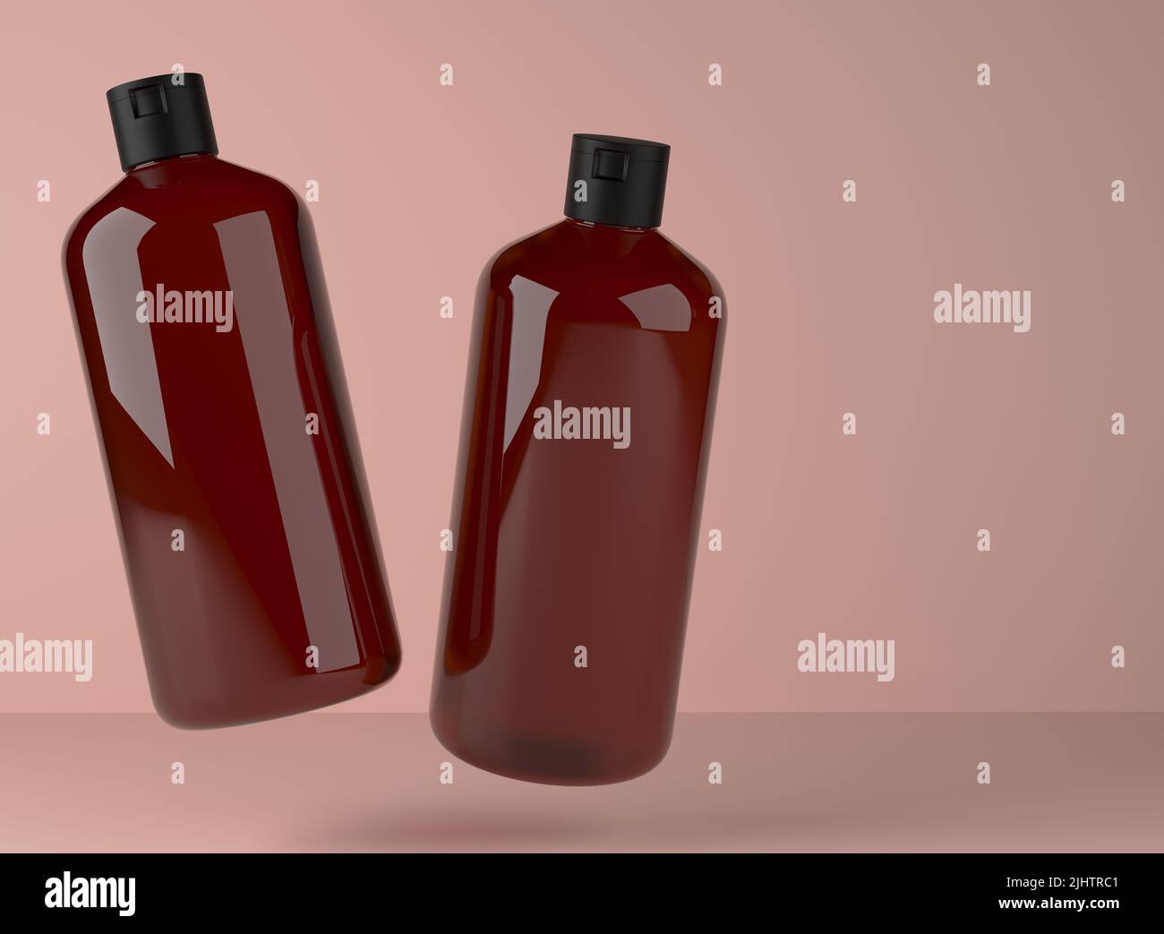 Zwei transparente braune Kunststoff-Shampoo-Flaschen schweben auf Studio-Hintergrund, 3D Render von kosmetischen Verpackungsdesign bereit Mockup Stockfoto