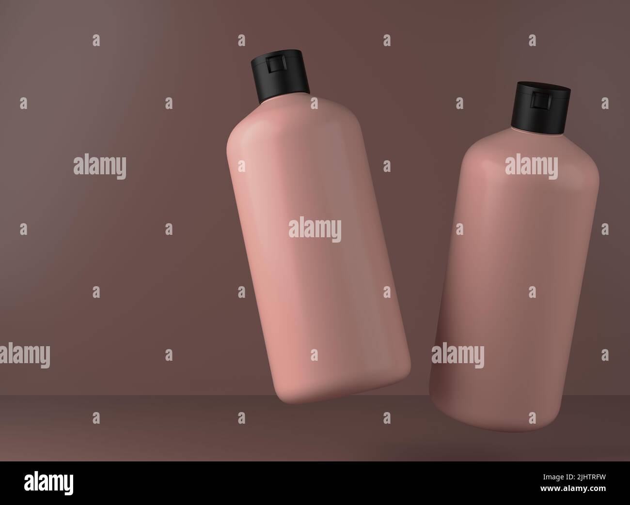 Zwei beige Kunststoff-Shampoo-Flaschen schweben auf Studio-Hintergrund, 3D Rendering von kosmetischen Verpackungsdesign bereit mockup Stockfoto