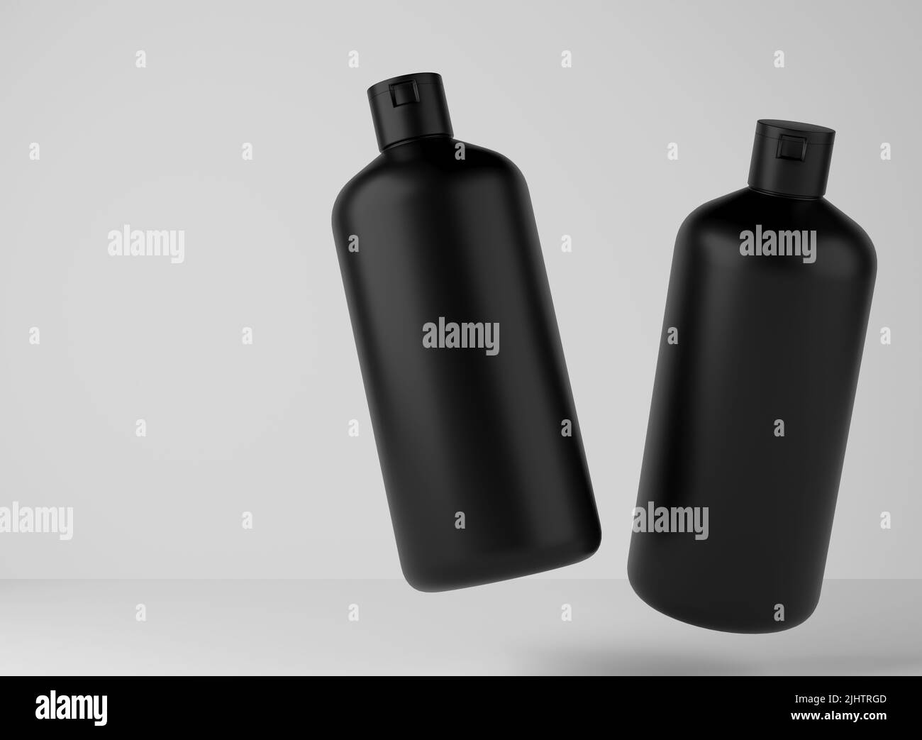 Zwei schwarze Kunststoff-Shampoo-Flaschen schweben auf Studio-Hintergrund, 3D Rendering von kosmetischen Verpackungsdesign bereit Mockup Stockfoto