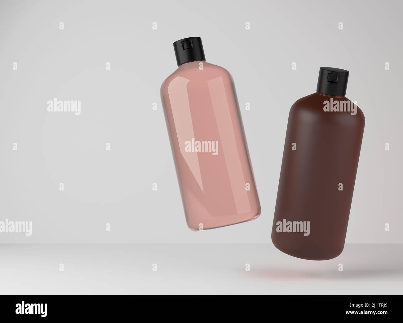 Zwei beige und braune Kunststoff-Shampoo-Flaschen schweben auf Studio-Hintergrund, 3D Rendering von kosmetischen Verpackungsdesign bereit mockup Stockfoto