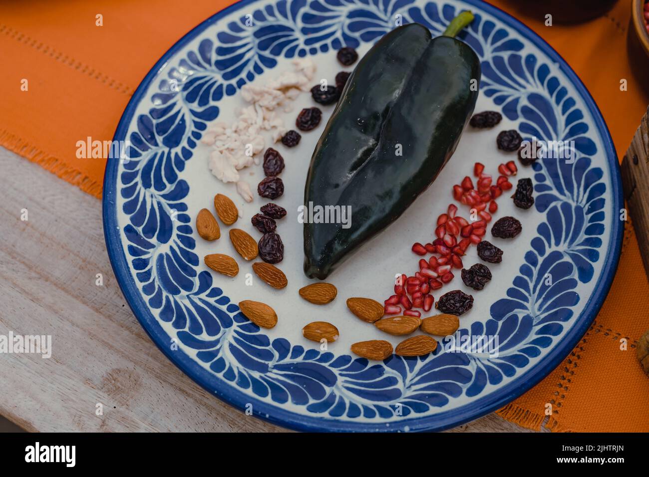 Zutaten aus Chile en Nogada, traditionelle mexikanische Küche in Puebla Stockfoto