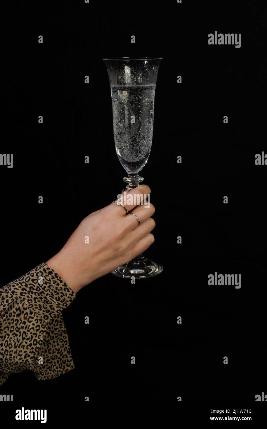 Frau mit Bluse mit Leopardenmuster und silbernen Ringen, die Champagnerflöte mit sprudelndem Sodawasser vor schwarzem Hintergrund halten Stockfoto