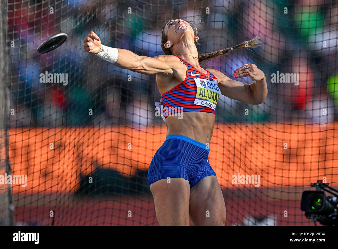 Eugene, Usa. 20.. Juli 2022. EUGENE, VEREINIGTE STAATEN - 20. JULI: Valarie Allman aus den USA tritt während der Leichtathletik-Weltmeisterschaften am 20. Juli 2022 in Eugene, Vereinigte Staaten (Foto: Andy Astfalck/BSR Agency) Atletiekunie Credit: Orange Pics BV/Alamy Live News Stockfoto