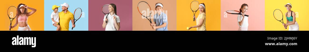 Set von Tennisspielern auf buntem Hintergrund Stockfoto