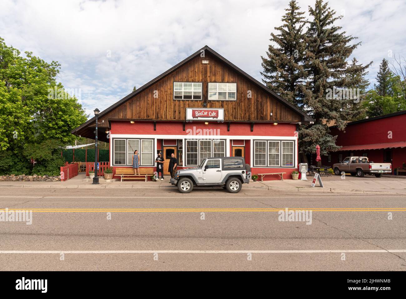 Das Boxcar Cafe im Dorf Chama, New Mexico. Stockfoto