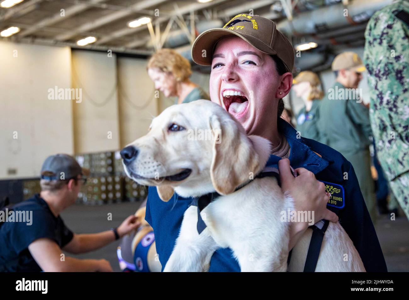 Norfolk, Virginia, USA. 13.. Juli 2022. Ens. Sydney Hughes hält einen Hund, der auf dem Flugzeugträger USS George H.W. der Nimitz-Klasse mitgebracht wurde Bush (CVN 77) von Mutts with a Mission, 13. Juli 2022. The George H.W. Die Bush Carrier Strike Group ist ein integriertes Kampfwaffensystem, das überlegene Kampffähigkeit bietet, um Amerikas Gegner zur Unterstützung der nationalen Sicherheit abzuschrecken und erforderlichenfalls zu besiegen. Quelle: U.S. Navy/ZUMA Press Wire Service/ZUMAPRESS.com/Alamy Live News Stockfoto