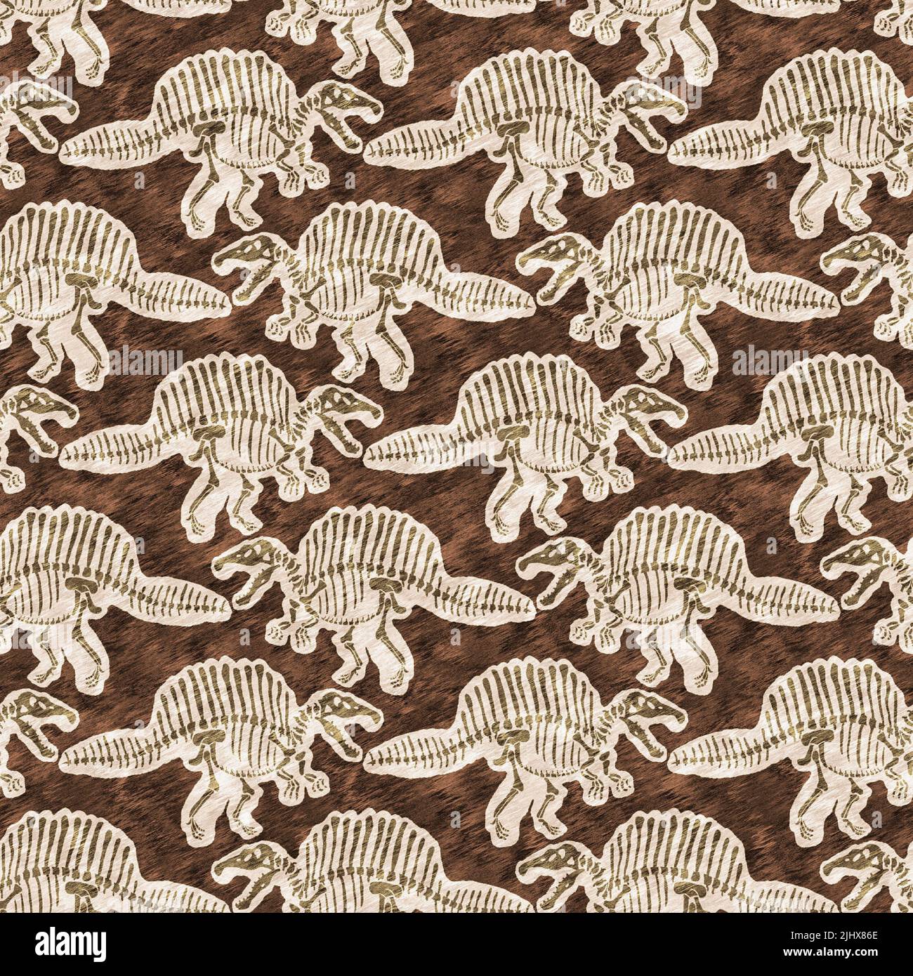 Braun handgezeichnete Spinosaurus fossile Knochen Dinosaurier nahtloses Muster. Geschlechtsspezifische neutrale jurassische Silhouette für die Babykrippe. Home Dekor für Museum Stockfoto