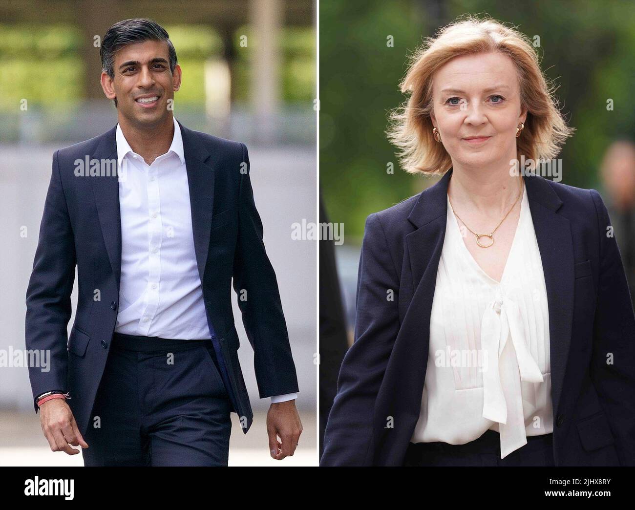 Undatierte Dateifotos von Rishi Sunak und Liz Truss, die es bis zu den letzten beiden im Tory-Leadership-Rennen geschafft haben. Stockfoto