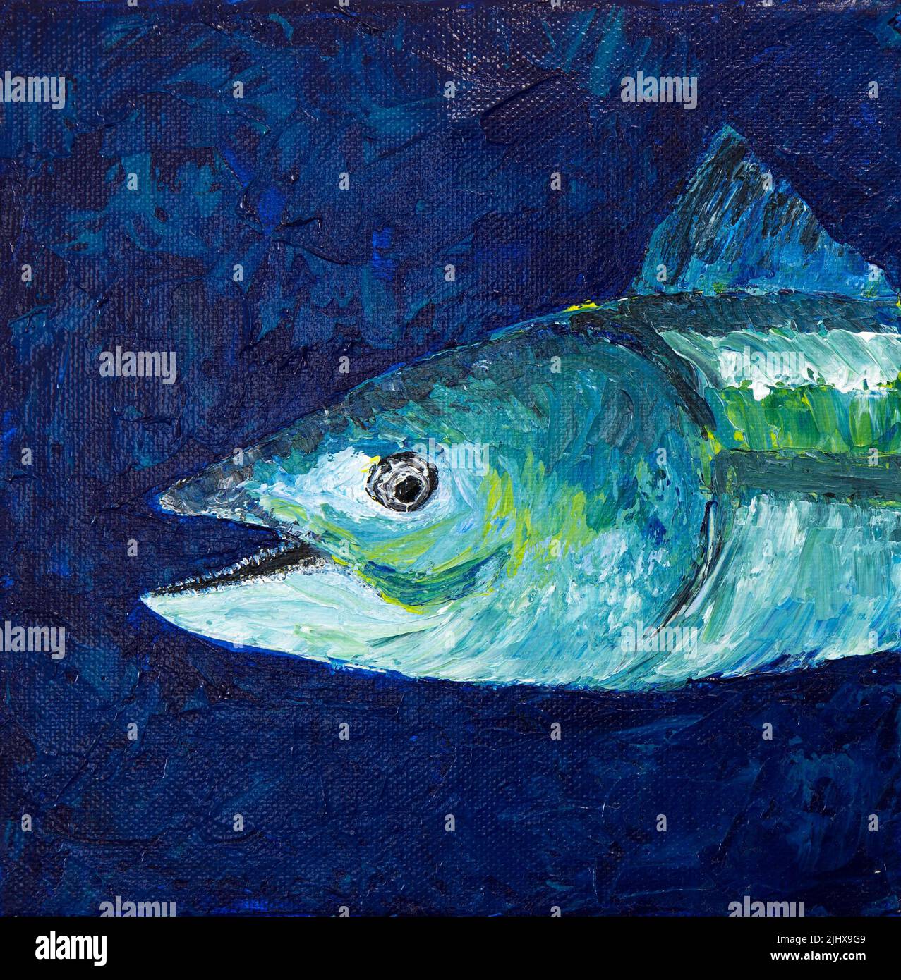 Original Ölgemälde mit abstrakten Fischen auf Leinwand. Moderner Impressionismus, Moderne, Marinismus Stockfoto