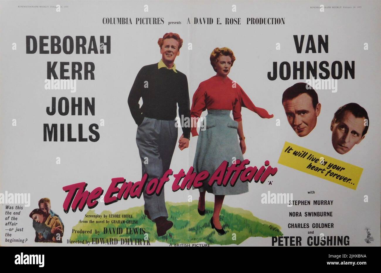 DEBORAH KERR VAN JOHNSON JOHN MILLS und PETER CUSHING am ENDE DER AFFÄRE 1955 Regisseur EDWARD DMYTRYK aus dem Roman von Graham Greene Drehbuch Lenore Kaffeemusik Benjamin Frankel Produzent David Lewis Coronado Productions / Columbia Picturs Corporation Stockfoto